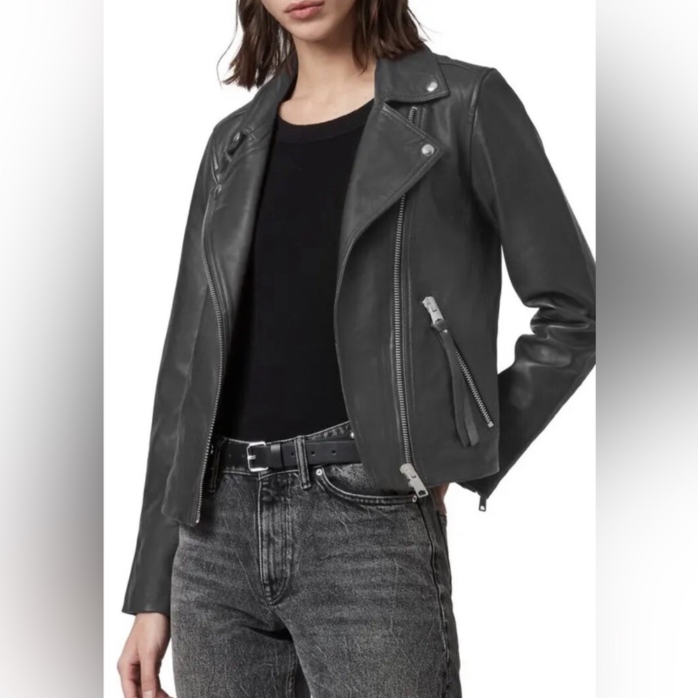 All saints Dalby leather biker jacket in anthracite gray